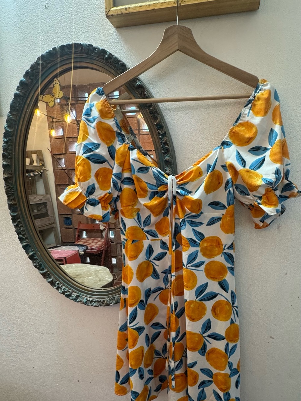 White Lemon-Print Women’s Dress with Puff Sleeves